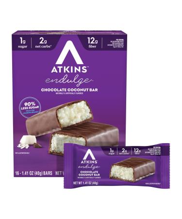 Atkins Endulge Chocolate Coconut Flavored Snack Bar, 1g Sugar, 12g Fiber, Low Sugar Snack, High Fiber Bars, Keto Friendly Treat, 16 Count