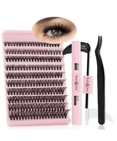 QUEWEL DIY eyelash extensions set 200 pc lashes set thin band with Bond & Seal Siont and waterproof Cluster Lashes Applicator DIY LASH Extension Set at home (QD02-MIX8-18) 1 piece (1 Pack) QD02-kit