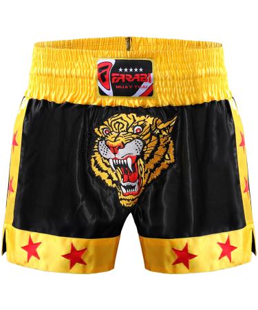 Muay Thai Shorts Kick Boxing Training Satin Black Gold Short Tiger Embroidery X-Small