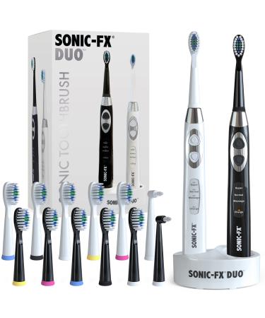 Sonic-FX Duo Dual Handle Rechargeable Electric Toothbrush Set for Adults and Kids - 3 Modes, Smart Auto-Timer - with Charging Dock Brush Holder and 14 Brush Heads - Black and White