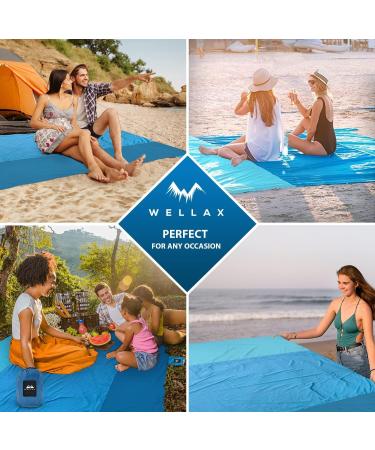 WELLAX Beach Blanket 9x10 Ft - Waterproof, Sandproof, Lightweight Mat for 8 Persons - Quick Drying, Durable, 8 Pockets, 4 Stakes - Great for Picnic, Camping, Travel - Blue - Buy Online on GoSupps.com