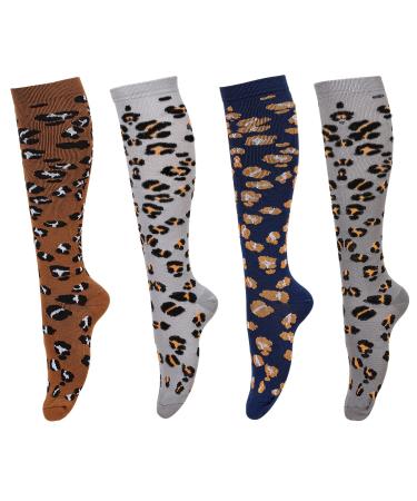 Compression Socks for Women & Men Medical Circulation 15-25 mmHg Best for Nurses Youth Nursing Running Travel(4 Pairs) Leopard Print S-M