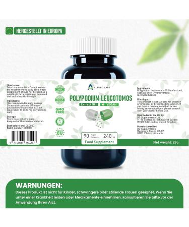 Polypodium Leucotomos - Extrait 10:1 (Eq 2 400 mg) | 90 g lules v g taliennes | Soutient la sant et la protection de la peau soutien immunitaire avantages anti- ge et antioxydants | - Buy Online on GoSupps.com