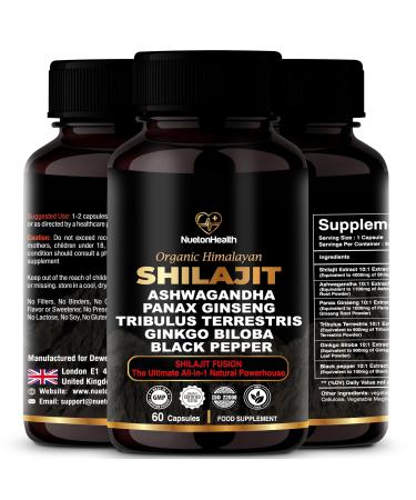 Himalayan Shilajit Capsules with Ashwagandha Ginseng Tribulus Ginkgo & Black Pepper Vegan Gluten-Free Botanical Blend for Daily Wellness & Vitality 60 Capsules Shilajit Fusion 60 Count (Pack of 1)