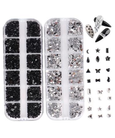 Nail Gems 2 Plates Rhinestones for Nail Art 2 Colors 12 Grids Different Shape 3D Nail Art Gems with Rhinestone Picker Dotting Pen Nail Art Rhinestones Tpye2 silver+black