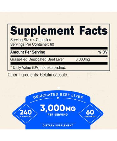 Nutricost Grass Fed Beef Liver Capsules 3000mg - 240 Capsules (750mg Per Cap) | Non-GMO, Gluten Free, Hormone-Free, Pasture-Raised - Buy Online on GoSupps.com
