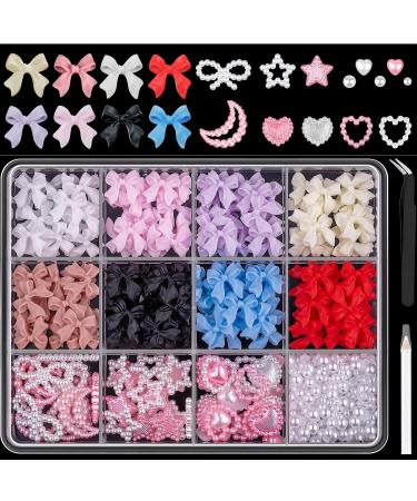BJAINGEXK 600PCS 3D Nail Amulet Set 1 piece 8-color nail bow amulet + Pink White stars Love Moon Cute Nail jewelry + White pearls for nail art DIY decoration with picking tool