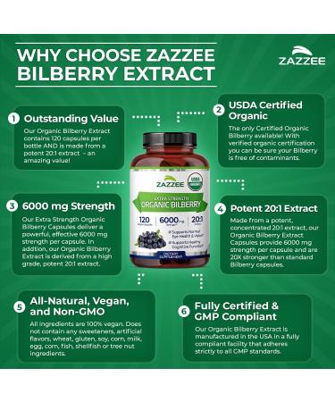 Zazzee USDA Organic Bilberry 20:1 Extract 6000 mg Strength 120 Vegan Capsules 4 Month Supply Standardized and Concentrated 20X Extract 100% Vegetarian All-Natural Non-GMO Made in The USA - Buy Online on GoSupps.com