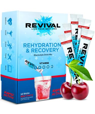 Revival Rapid Rehydration Electrolytes Powder - High Strength Vitamin C B1 B3 B5 B12 Supplement Sachet Drink Effervescent Electrolyte Hydration Tablets - 12 Pack Cherry 12 Servings (Pack of 1) Wild Cherry