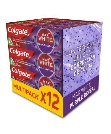 ColgatePalmolive Colgate Max White Purple Reveal Toothpaste 12 pieces x 75 ml tooth whitener with optical color correction technology immediately corrects yellow tones 75 ml Paquete de 12 Old version