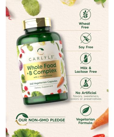 Carlyle Vitamin B Complex Whole Foods Blend | 240 Capsules | Daily Multivitamin for Men and Women | with B1 B2 B6 B12 Folate Niacin and L-Methylfolate | Non-GMO & Vegetarian Supplement - Buy Online on GoSupps.com