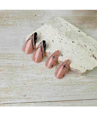 24 Pcs Medium Almond Shape Press on Nails with Black Gold Glitter Lines - False Nails for Women | DIY Manicure Decor - Buy Online on GoSupps.com