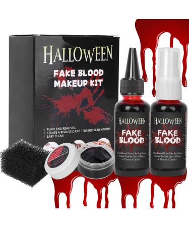 Halloween Fake Blood Makeup Kit Fake Blood Spray Coagulated Blood Dripping Blood Stipple Sponge Realistic Washable Special Effects SFX Makeup Set for Zombie Vampire Monster