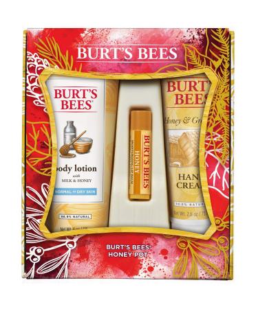 Burt's Bees Honey Pot Gift Set 3 Honey Skin Care Products - Milk & Honey Body Lotion Honey & Grapeseed Hand Cream and Honey Lip Balm