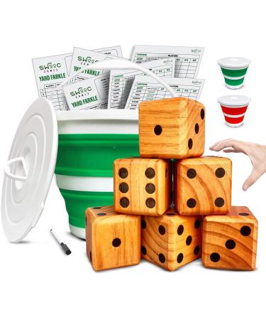 SWOOC Games - Yardzee, Farkle & 20+ Games - Giant Yard Dice Set (All Weather) with Collapsible Bucket, Lid, 5 Big Laminated Score Cards & Marker - Backyard Lawn Game - Indoor / Outdoor 3.5" Dice Green
