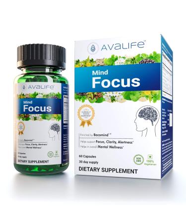 Avalife Mind Focus Brain Booster Capsules (60 Count) - Mental Wellness Supplement with Ashwagandha and Bacopa for Mental Clarity, Focus, and Energy | Gluten Free, Vegetarian, Non-GMO - 30-Day Supply