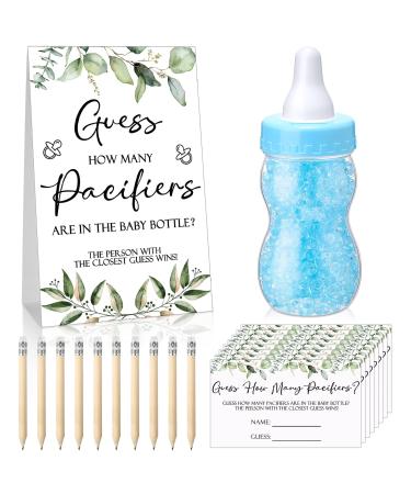 Baby Shower Games Guess How Many Pacifiers Greenery Game Sign 100 Small Guessing Games 10 Hb Pencils 750 ml Milk Bottle 400 Acrylic Pacifiers Decorations Guests Gender Reveal Party Favors (Blue) Blue Plant