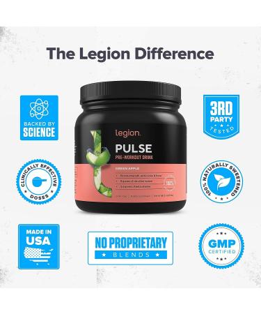 LEGION Pulse Pre Workout Supplement - Natural Nitric Oxide Boost for Energy - Creatine Free, Sweetened with Beta Alanine, Citrulline, Alpha GPC (Green Apple) - Buy Online on GoSupps.com
