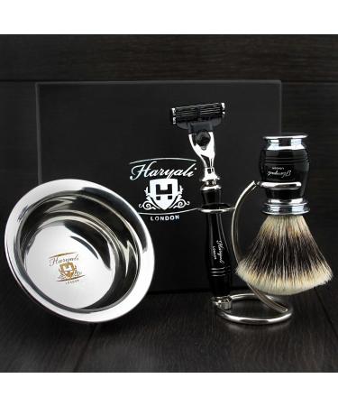 4 Pc Mens Shaving Kit 3 Edge Razor With Silver Tip Badger Hair Shaving Brush Stand and Stainless Steel Bowl Perfect Set For Men