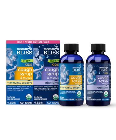 Mommy's Bliss Organic Cough Syrup & Mucus for Kids Day and Night Combo Pack with Elderberry Vitamin C and Immunity Support Contains Organic Honey & Ivy Leaf 4 Fl Oz (Pack of 2)
