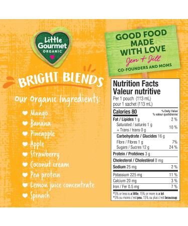 Baby Gourmet Little Gourmet Organic Bright Blends Baby Food Pouches - Mango Coconut Spinach - No Added Sugar or Salt Non GMO No Fillers - (113ml) 12-Pouches Yellow Mango Coconut Spinach 113ml - 12 Pouches - Buy Online on GoSupps.com
