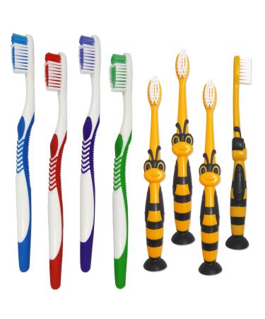 4 basic toothbrushes for adults and 4 children's toothbrushes with suction cup base medium soft bristles