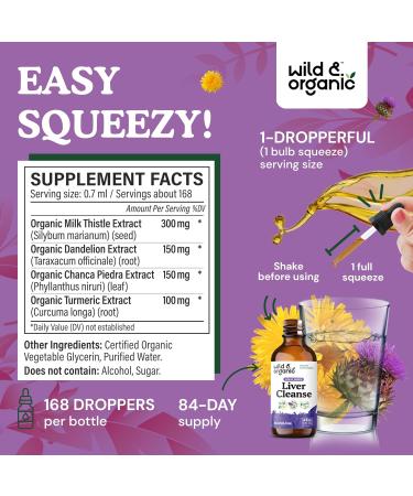 Wild & Organic Liver Cleanse Tincture - Alcohol-Free Detox with Milk Thistle & Dandelion Root - Vegan Liver Health Drops - 4 fl oz - Buy Online on GoSupps.com