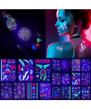 15 Sheets Glow in the Dark Temporary Neon Makeup UV Stickers Body Face Skin Glowing Shimmer Body for Women Kids Rave Party Supplies (Stylish Style)