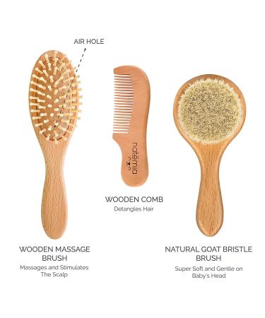 Natemia Wooden Baby Hair Brush Set for Newborns & Toddlers - Natural Soft Bristles - Ideal for Cradle Cap - Perfect Baby Registry Gift Set of 3 - Buy Online on GoSupps.com