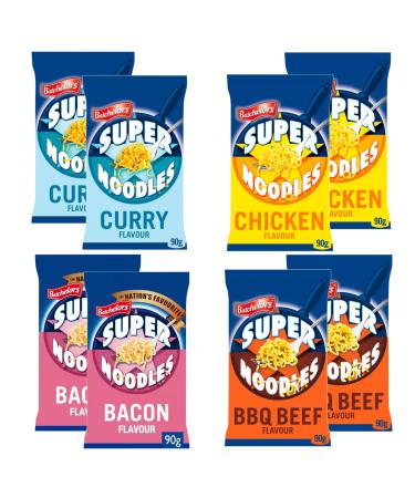 Batchelors Instant Super Noodles Variety Pack - 8 x 90g 2 Beef 2 Chicken 2 Curry 2 Bacon - Quick & Tasty Noodle Selection for Meals on the Go - Buy Online on GoSupps.com