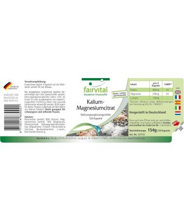 Fairvital | Citrate Potassium Magnesium - Highly dosed - with 900mg of Potassium and 240mg of Magnesium per daily dose - VEGAN - 120 capsules - Buy Online on GoSupps.com