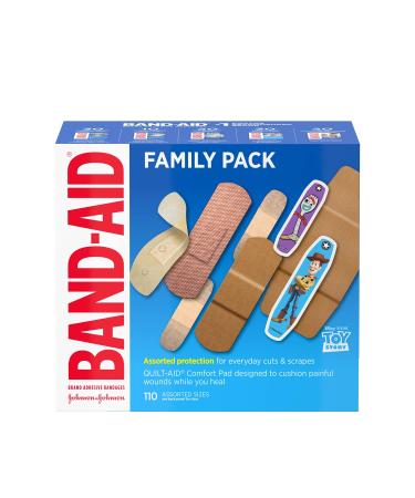 Band-Aid Adhesive Bandage Family Variety Pack in Assorted Sizes Featuring Water Block & Skin Flex, Flexible Fabric, Tough Strips & Pixar Character Bandages, 110 Count 110 Piece Assortment