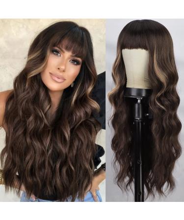 AISI QUEENS Brown Wig with Bangs for Women Long Wavy Hair Wig Brown Highlight Wig Curly Wavy Synthetic Wigs for Girls Daily Party Use Brown Mixed Blonde