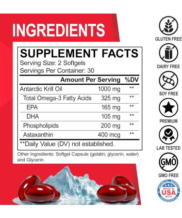 Krill Oil Omega 3 500mg - Antarctic Krill Oil 1000mg Softgels Capsules EPA DHA Astaxanthin Phospholipids - Omega 3 Fatty Acids Supplements Natural Pure Supplements for Women & Men - 60 Softgels - Buy Online on GoSupps.com