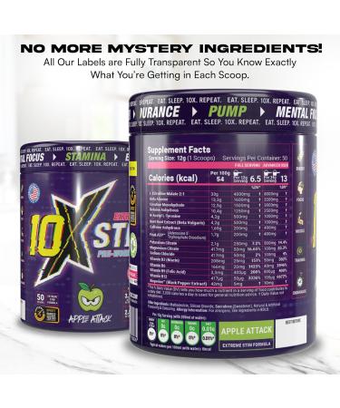 10X Athletic Stim Pre Workout Beta Alanine High Caffeine Creatine Sugar Free Vegan Low Calorie Various Flavours 600g 25/50 Servings (Apple Attack) - Buy Online on GoSupps.com