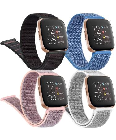 4 Pack Nylon Bands for Fitbit Versa 2 Bands/Fitbit Versa/Versa Lite/Versa SE for Women Men, Soft Breathable Sport Replacement Wristbands for Fitbit Versa 2 (4 Pack C) 001, Black Sand/Cape Code Blue/Pink Sand/Seashell