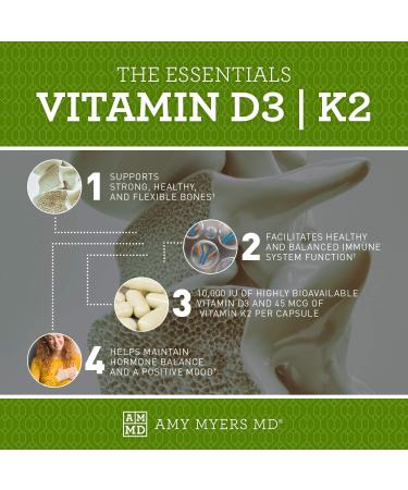 Dr. Amy Myers Vitamin D3 K2 - 10,000 IU D3 & 45mcg K2 MK-7 - Immune Support, Energy, Bone Health - Non-GMO 60 Capsules - Buy Online on GoSupps.com