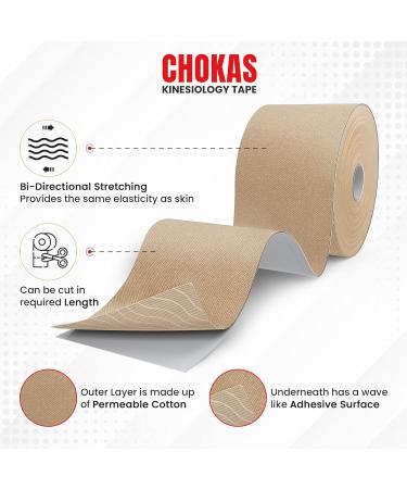 CHOKAS Kinesiology Tape 5m Roll - Elastic Therapeutic Sports Tape for Multiple Body Parts - Waterproof Physio Tape for Muscle Pain Relief - Ivory - Buy Online on GoSupps.com