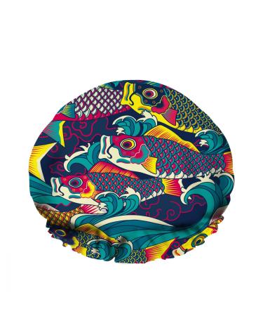 Nicokee Double Waterproof Layers Bathing Shower Cap Colorful Carp Shaped Wave Fish Cartoon Auspicious Clouds Reusable Fashion Shower Hat For Women Beauty  Bath Hair Spa  Home Hotel Travel Use Sort-0015 10.6 x 10.6 Inch