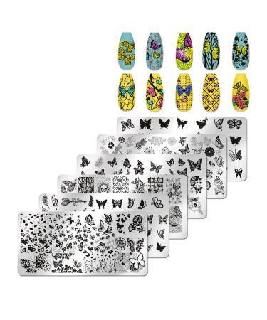 JERCLITY 6pcs Butterfly Nail Stamping Plate Nail Stamping Kit for Nails Butterfly Flower Bird Feather Leaf Image Plates Nail Art Design Template Print Nail Stamper Kit for Women Nail Art Tool Set