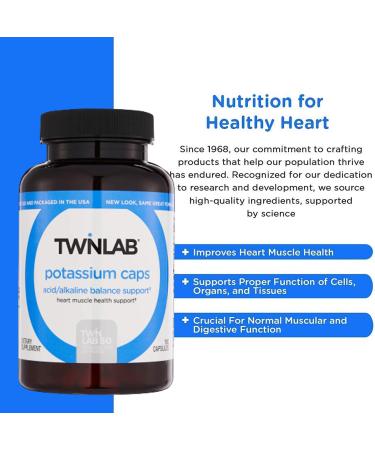Twinlab Chelated Potassium Caps - 99mg Supplement for Heart Health, Blood Pressure Support, Leg Cramps Relief, Muscle Recovery - 180 Caps - Buy Online on GoSupps.com