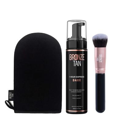 Bronze Tan Dark Self Tanning Mousse Bundle All Natural 1-Hour Express Sunless Tanner Mousse, Instant Self Tanner Lotion with Bronzer, Self Tanning Mitt and Kabuki Brush