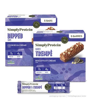 Simply Protein - Cookies & Cr me Dipped Bars 5 Bars - Plant Based Protein Snack Bars Snacks for Kids - 7g Protein 4g Sugar 100 Calories - Vegan Gluten Free Non GMO Kosher - 1 Box Cookies And Cream 5 Count (Pack of 1)