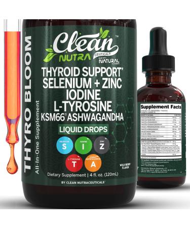 Clean Nutra Thyroid Support Drops Selenium Zinc Iodine L Tyrosine KSM66 Ashwagandha Vitamin D3 B12 A C Turmeric Kelp Schisandra Guggul Cayenne Basil Liquid Supplement Folate Copper Thyro Bloom Drop Wild Berry