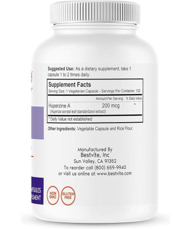 Bestvite Huperzine A 200mcg 120 Vegetarian Capsules - Naturally Derived from Huperzia Serrata - Vegan  Non-GMO  Gluten Free - Superior Formula - Buy Online on GoSupps.com