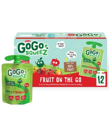 GoGo squeeZ Fruit on the Go, Apple Strawberry, 3.2 oz. (12 Pouches) - Tasty Kids Applesauce Snacks Made from Apples & Strawberries - Gluten Free Snacks for Kids - Nut & Dairy Free - Vegan Snacks