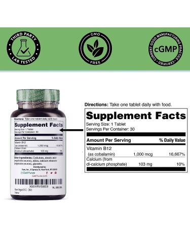 Yuve Vegan B12 with Calcium: 1000mcg Cobalamin Vitamin for Energy & Nervous System Support (30 Tabs) - Buy Online on GoSupps.com