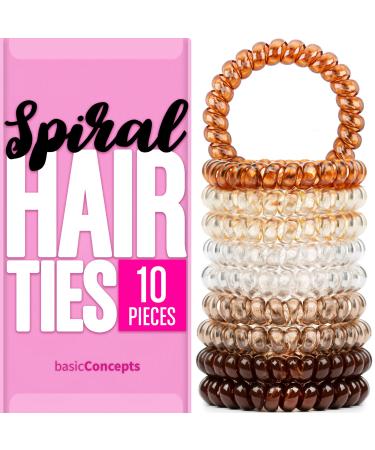 Spiral Hair Ties (10 Pieces)  Coil Hair Ties for Thick Hair  Ponytail Holder Hair Ties for Women (Assorted Colors)  No Crease Hair Ties  Phone Cord Hair Ties for all Hair Types with Plastic Spiral Brown
