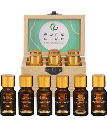 Pure Life Top 6 Essential Oils Set for Diffuser Aromatherapy, 100% Organic Fragrance Oil Kit for Humidifier, Fresh & Grade Scents of Lavender, Peppermint, Eucalyptus, Orange, Vanilla, Jasmine