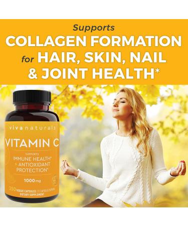 Viva Naturals Vitamin C 1000mg â€“ Non-GMO Immune Support with Bioflavonoids & Rose Hips | 250 Veggie Capsules - Buy Online on GoSupps.com